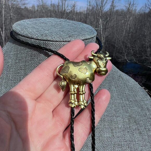 Cow Bolo Tie  Southwest Americana Cute Brassy Holstein with Hearts Retro - Picture 2 of 6